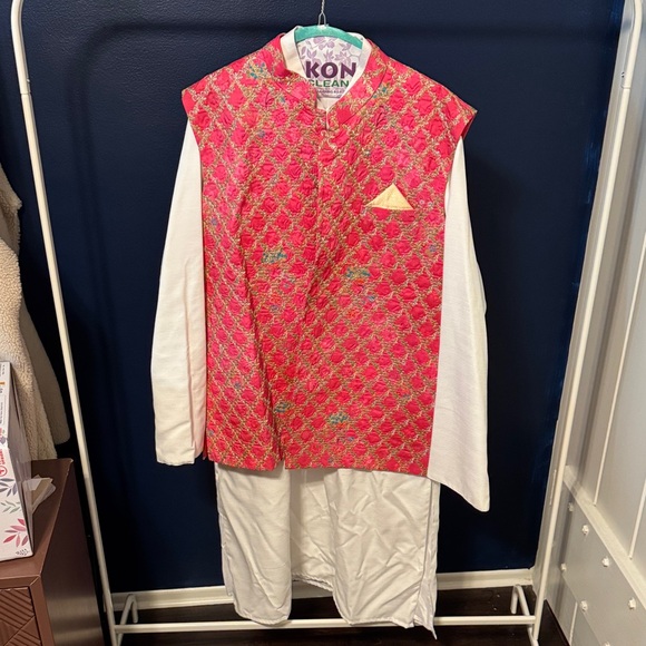 Pink and White Embroidered Kurta Set - Picture 1 of 3